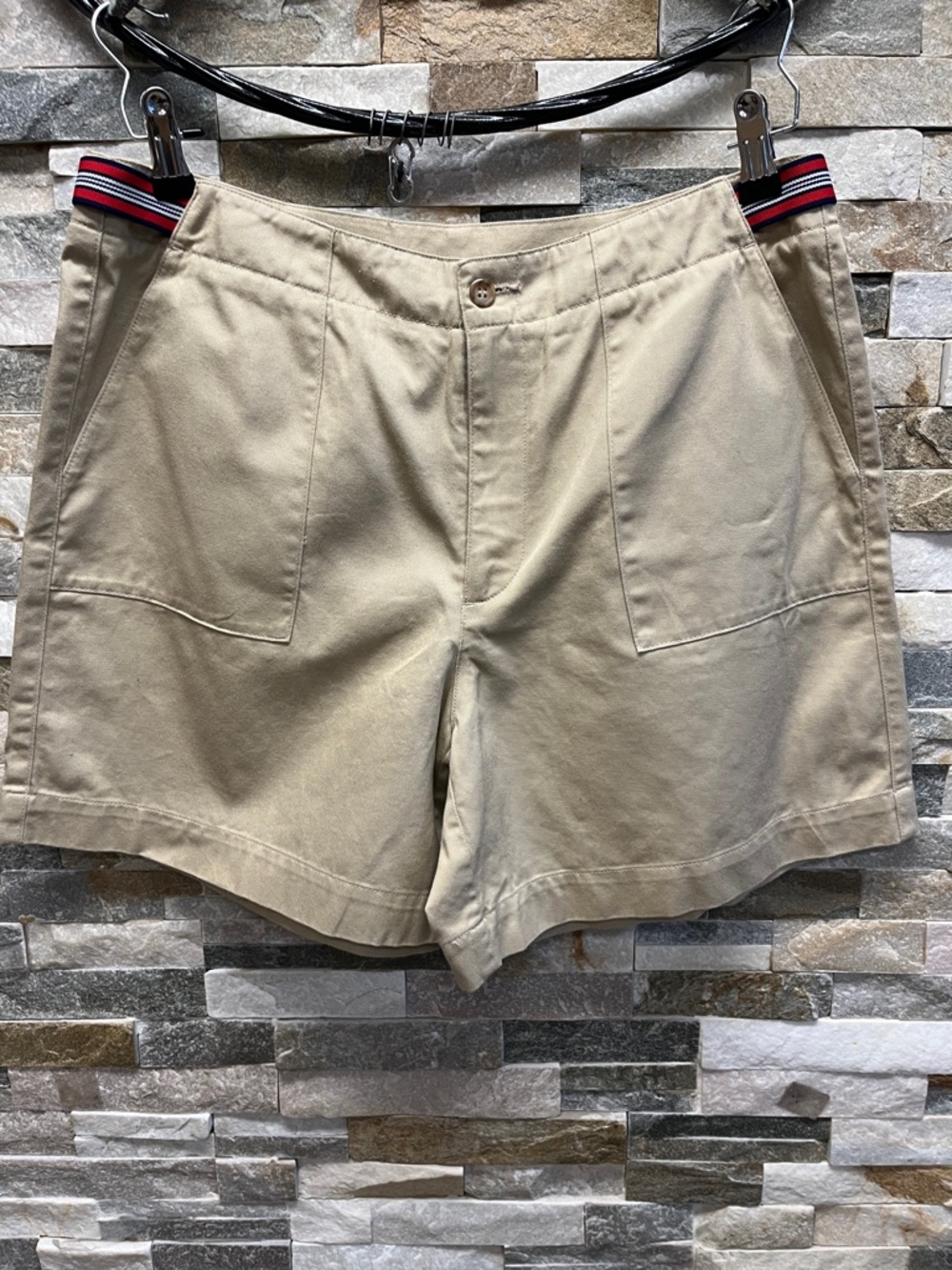 Liz Claiborne Woman’s Cotton Twill Beige Shorts with Striped Waist Detail